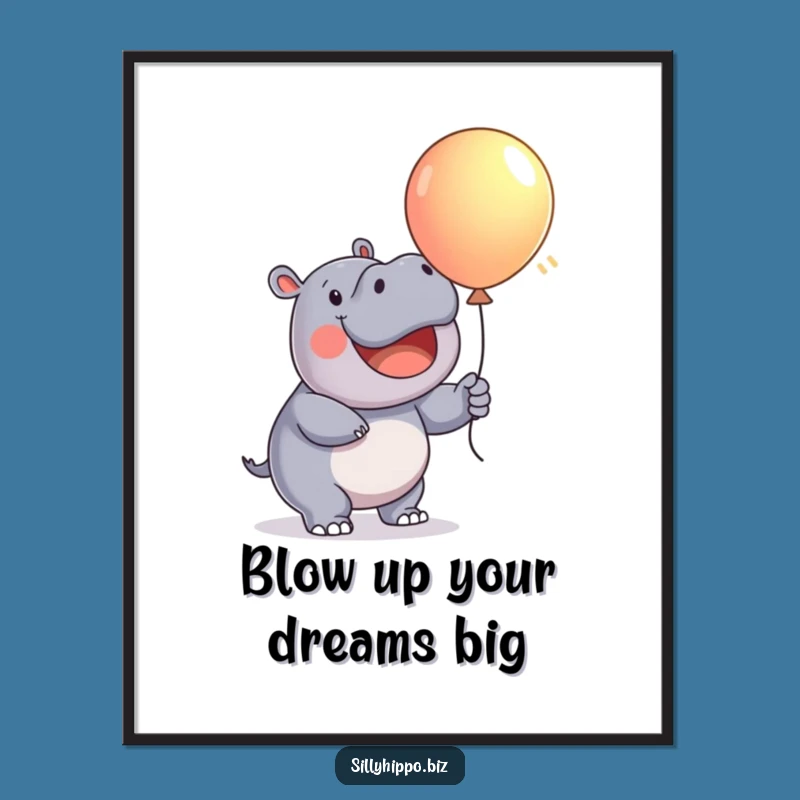 Free Printable Wall Art: Happy Hippo Inflating a Colorful Balloon