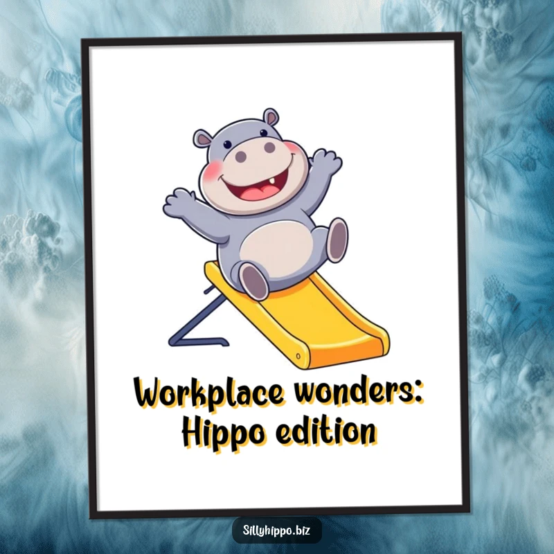 Funny Free Printable Wall Art: A giggling hippo gleefully slides down a brightly colored office slide, a humorous decoration for any wall.