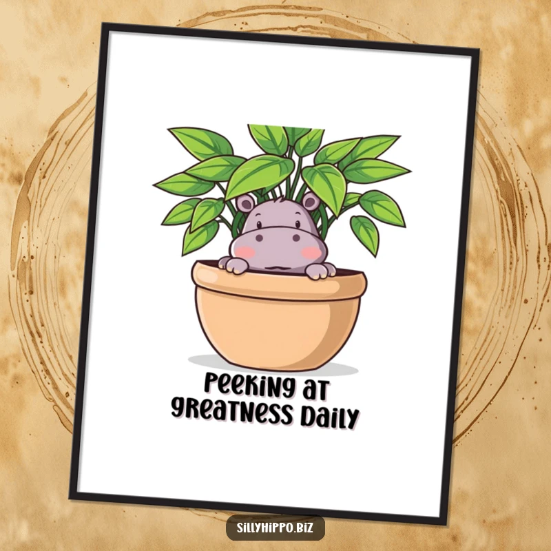 Funny Free Printable wall art of a cute, playful hippo peeking out with a mischievous grin from behind a large, lush potted plant.