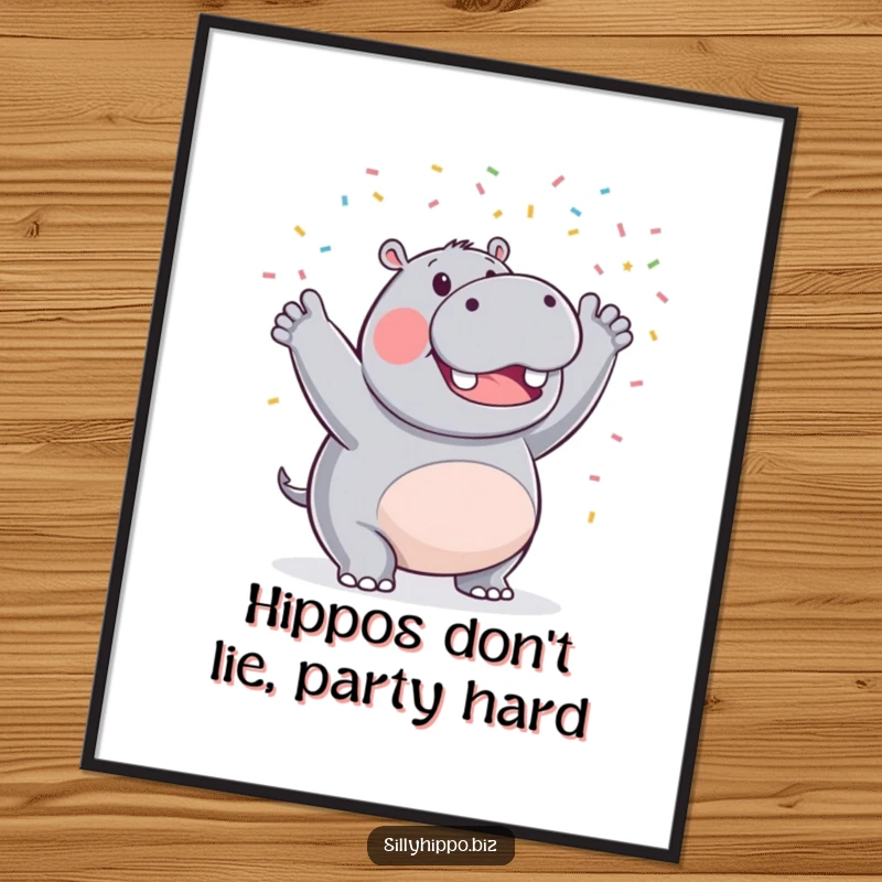 Funny Free Printable Wall Art: Triumphant Hippo gleefully waving a cascade of tiny celebratory confetti, vibrant downloadable decor.