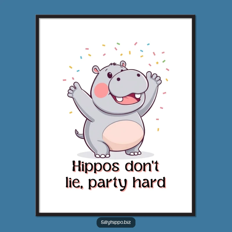 Free Printable Wall Art: Triumphant Hippo Waving Confetti - Funny Downloadable Decor