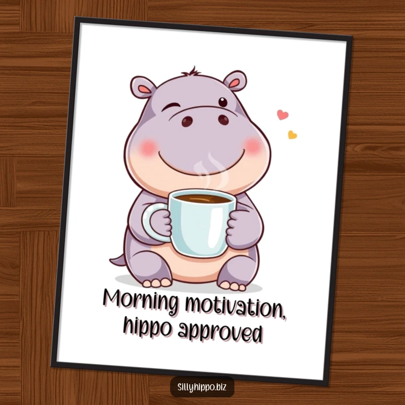 Funny Free Printable Wall Art: A happy hippo winks playfully while holding a steaming coffee mug, a charming and humorous piece.