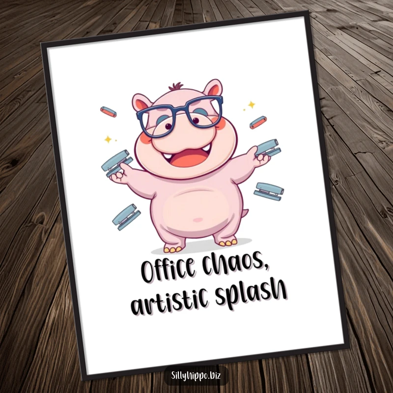 Funny Free Printable Wall Art: Hippo in Big Glasses Juggling Staplers, Hilarious Office Decor Download