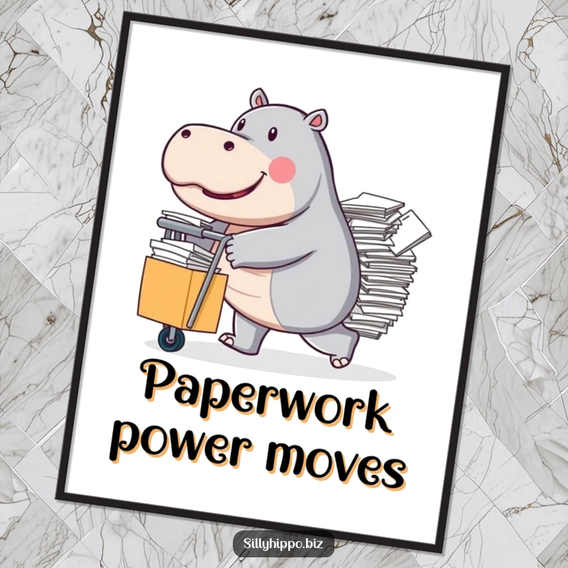 Funny Free Printable wall art of a serious-faced hippo determinedly pushing a heavy rolling cart overflowing with stacks of white papers.