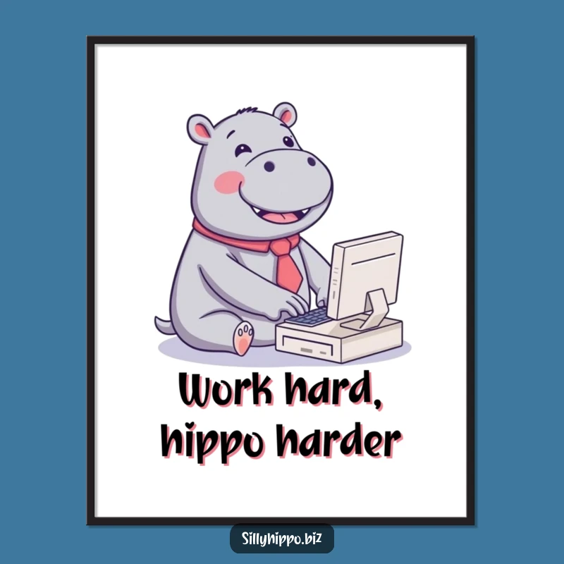 Free Printable Kawaii Hippo Art: Typing Joyful Funny Downloadable Wall Decor