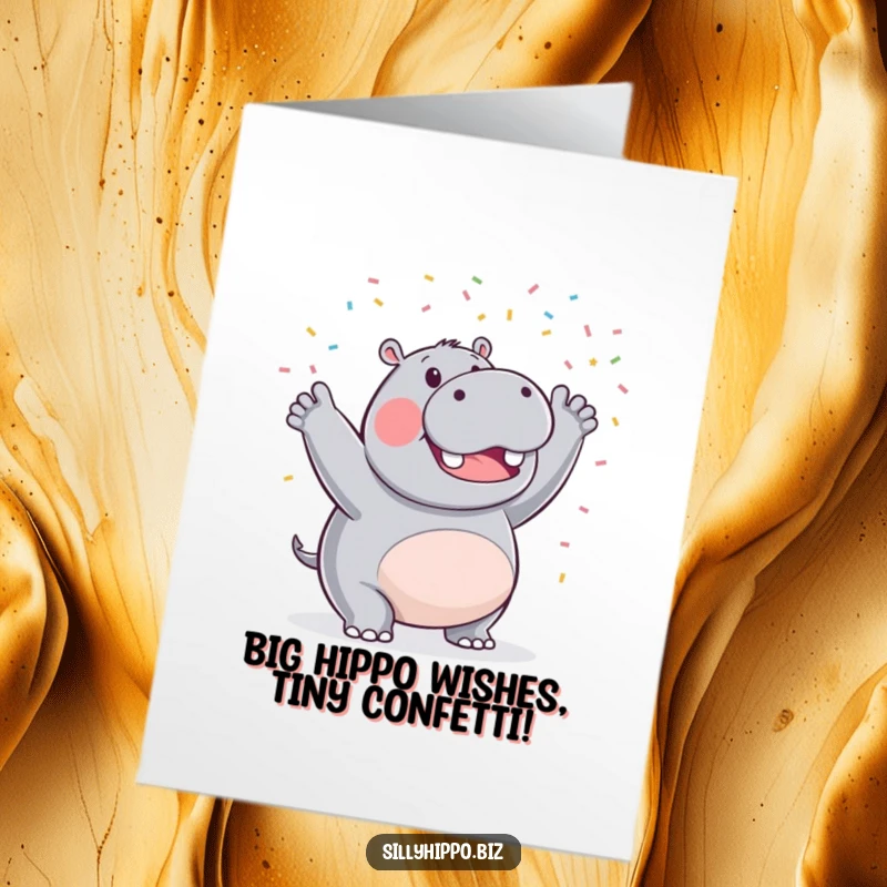 Funny Free Printable Birthday Card: Triumphant Hippo joyfully waving tiny celebratory confetti, perfect for a DIY humorous greeting.