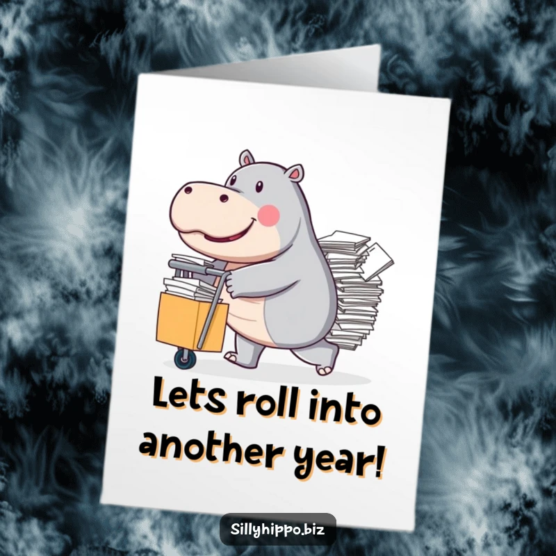 Funny Free Printable birthday card showing a determined hippo pushing a cart overloaded with papers, symbolizing a busy but fun year ahead.
