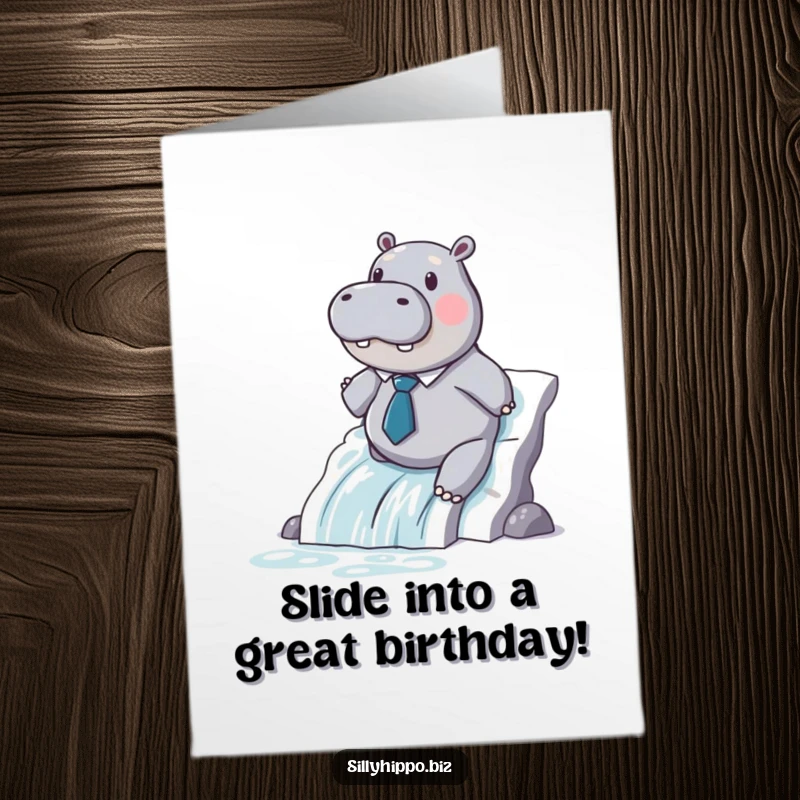 Funny Free Printable Birthday Card: Hippo in Tie Slides Printer Paper Waterfall, Hilarious DIY Gift