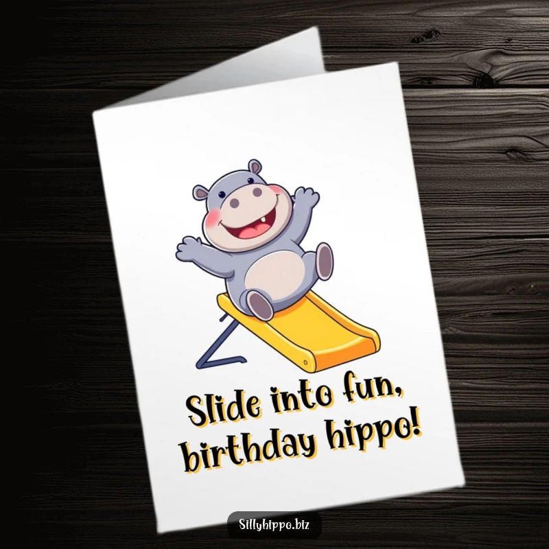 Funny Free Printable Birthday Card: Giggling hippo joyfully slides down an office slide, bringing office humor to your celebration.