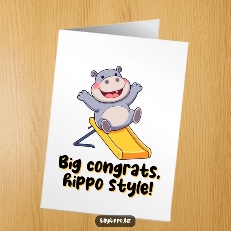 Funny Free Printable Congrats Card: Giggling hippo gleefully slides down an office slide, celebrating a win with pure delight.