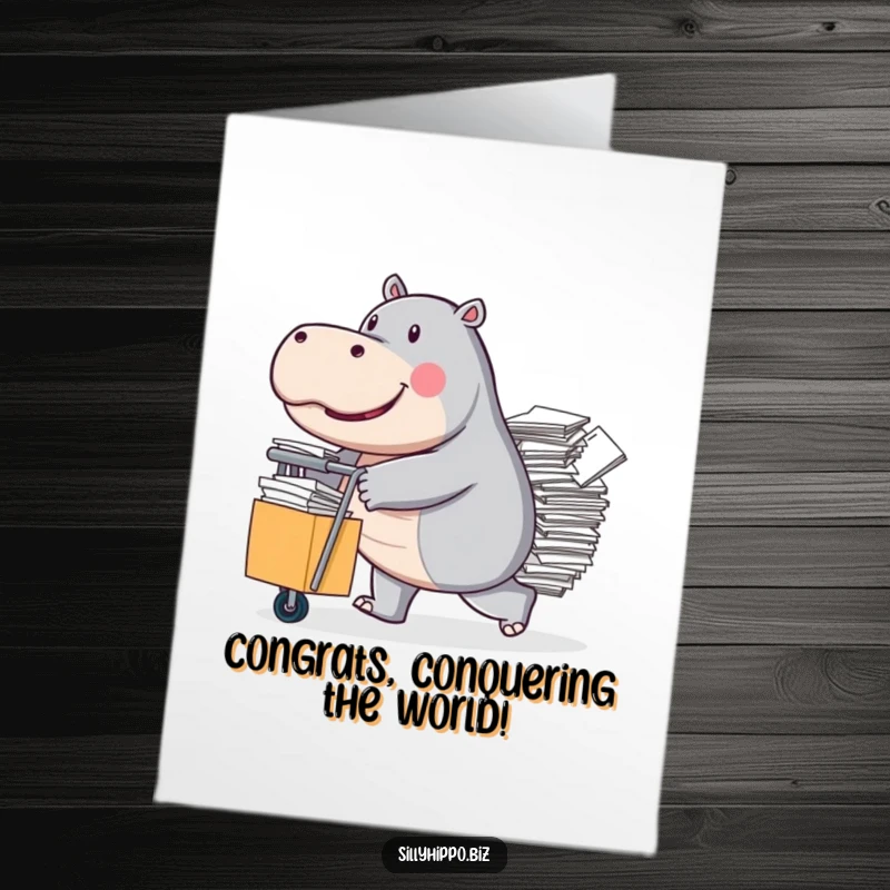 Funny Free Printable congratulations card with a determined hippo pushing a cart full of papers, highlighting accomplishment through hard work.