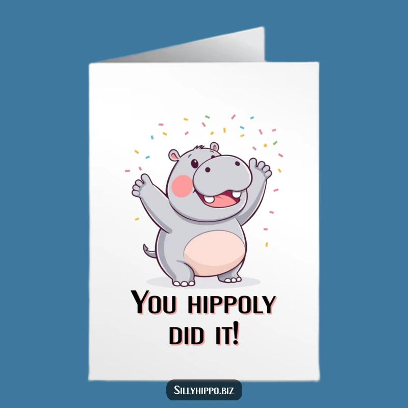 Free Printable Congrats Card: Triumphant Hippo with Confetti - Funny Downloadable Gift