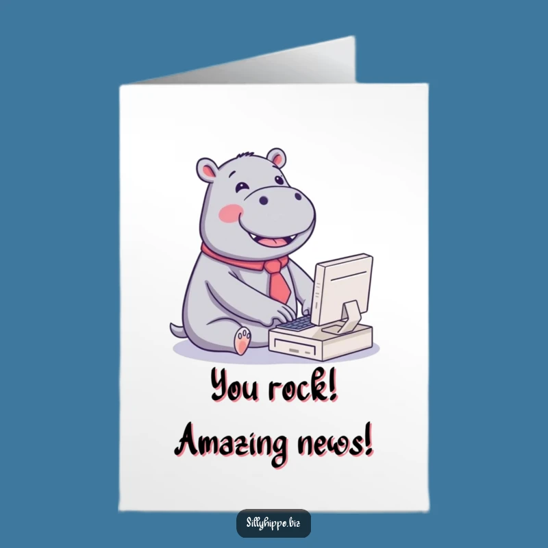 Free Printable Kawaii Hippo Congrats Card: Typing Success Funny Downloadable Gift