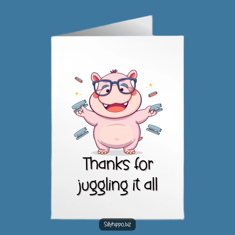 Free Printable Thank You Card: Funny Hippo Juggling Staplers Downloadable Gift