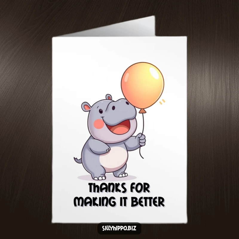 Funny Free Printable thank you card of a happy hippo inflating a colorful balloon, expressing buoyant gratitude.