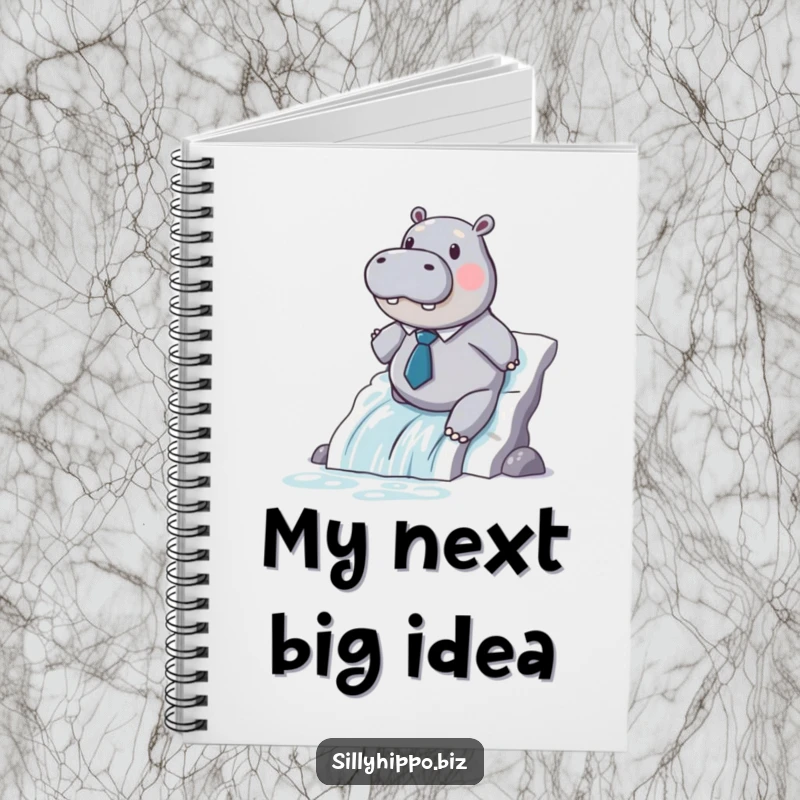 A hippo in a tiny tie is depicted sliding down a printer paper waterfall on the cover of this notebook.