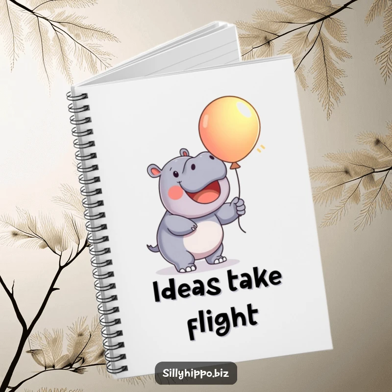 Funny Notebook cover showing a happy hippo enthusiastically inflating a colorful balloon, perfect for note-taking.