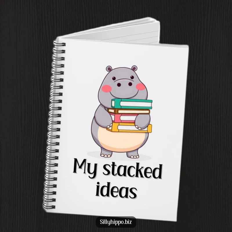 Funny notebook featuring a round, cheerful hippo balancing a stack of colorful office folders, ideal for writing with organized humor.