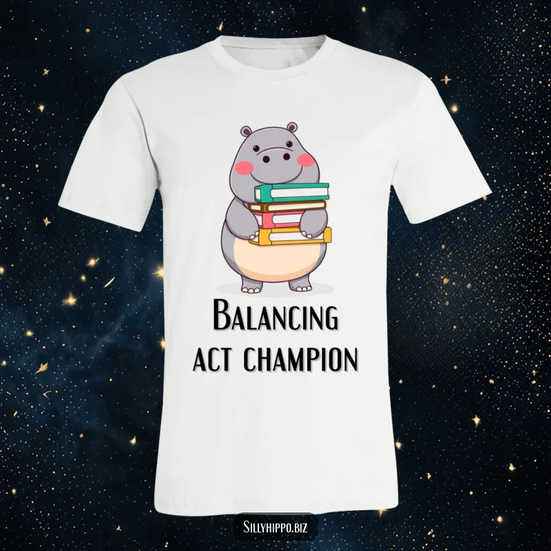 Funny t-shirt depicting a round, cheerful hippo expertly balancing a stack of colorful office folders, radiating organized and humorous energy.
