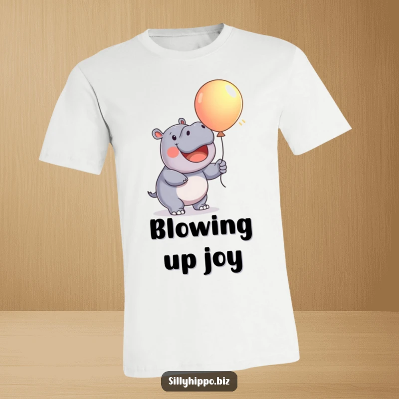 Funny T-Shirt showing a joyful hippo enthusiastically inflating a vibrant, colorful balloon, radiating happiness.