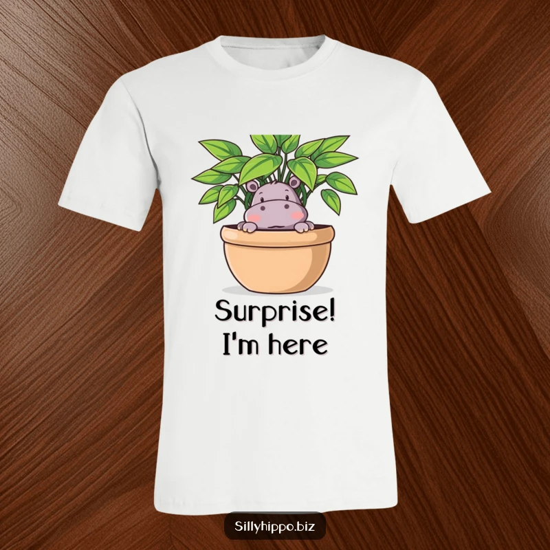 Funny T-Shirt depicting a playful hippo peeking out with a curious expression from behind a large potted plant.