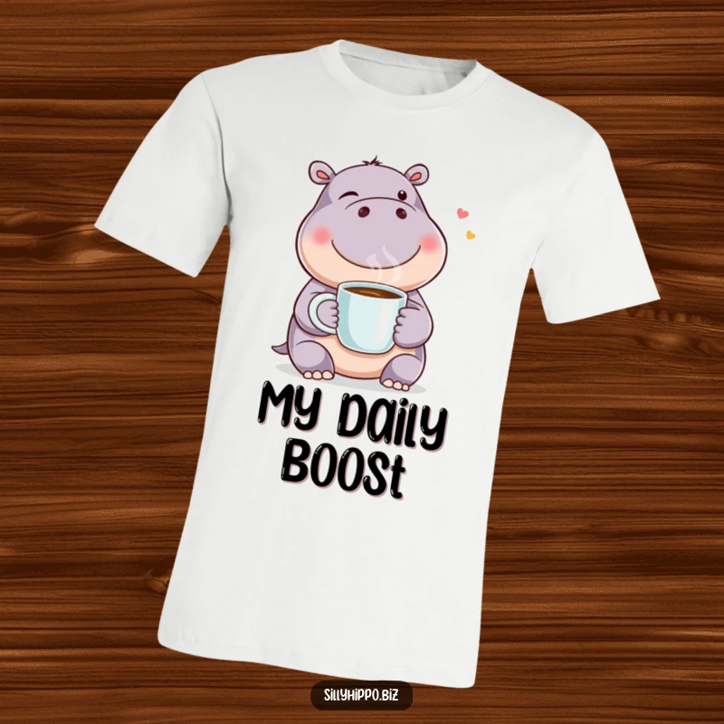 Funny t-shirt depicting a cheerful hippo winking as it holds a steaming cup of coffee, radiating morning joy and playful energy.