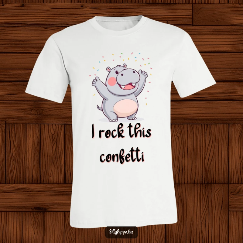 Funny t-shirt showcasing a triumphant hippo joyfully tossing colorful confetti into the air, a symbol of pure, uninhibited celebration.