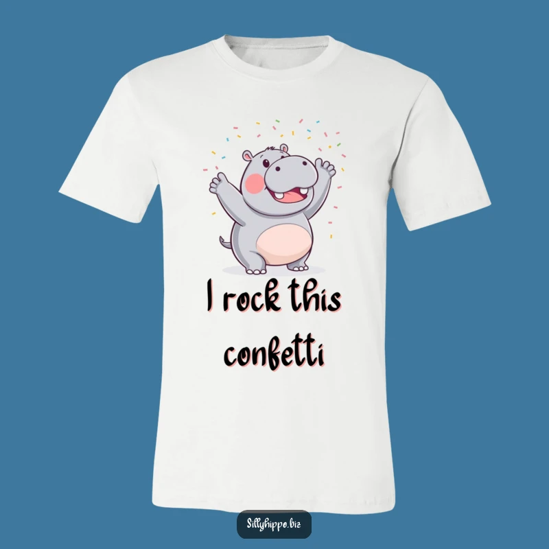 Funny Hippo T-Shirt: Waving Confetti with Triumphant Joyful Style