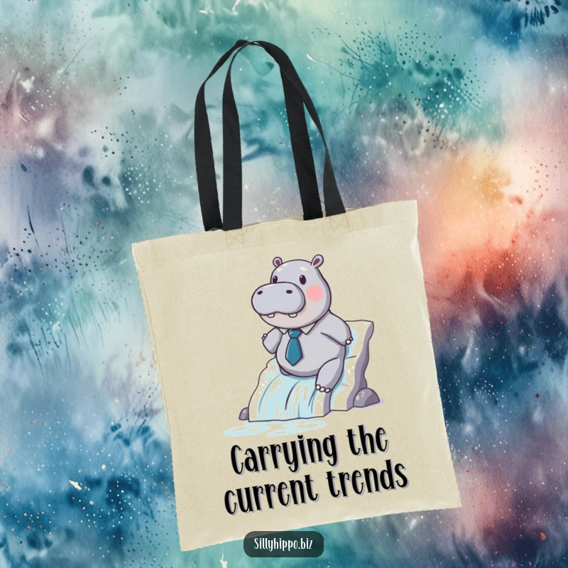 A hippo in a tiny tie enjoys a printer paper waterfall ride on this durable and humorous tote bag.