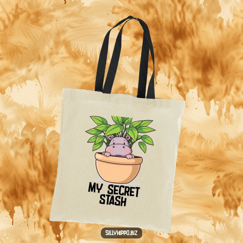 Funny Tote Bag with a playful hippo peeking from behind a large potted plant, offering a curious glance.