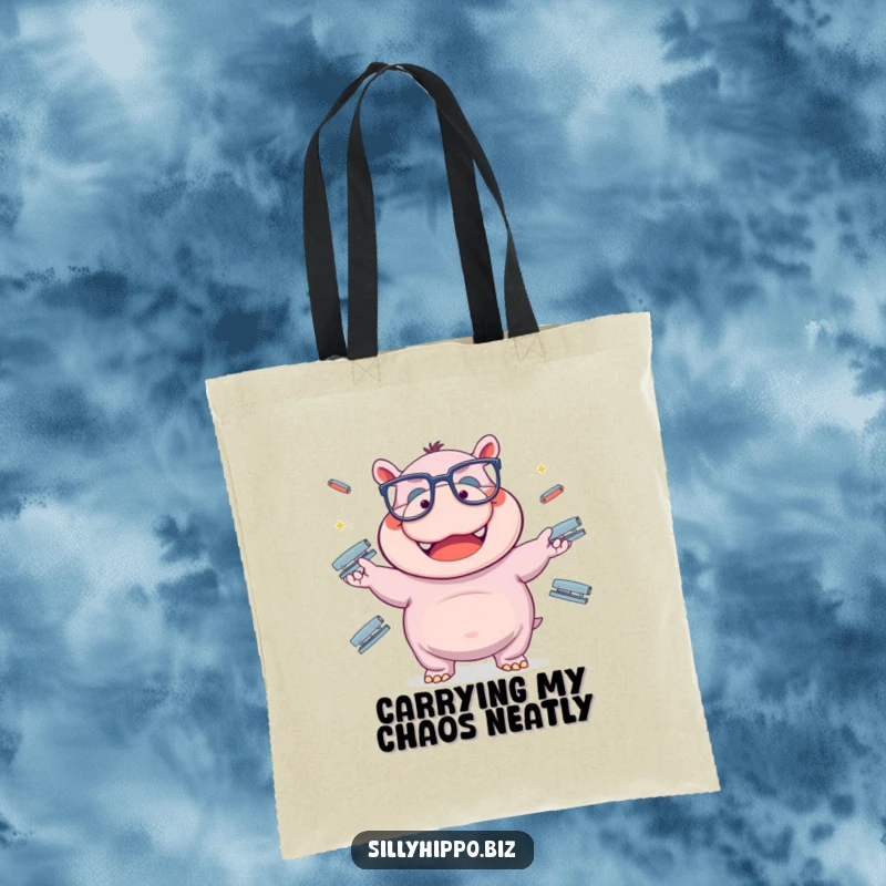 Funny hippo in big glasses tosses office staplers in the air, adorning this durable and humorous tote bag.