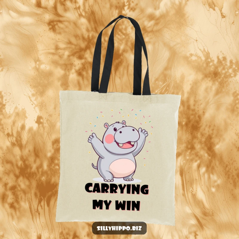 Funny tote bag featuring a cheerful hippo joyfully waving a cascade of tiny confetti, perfect for carrying daily necessities with flair.