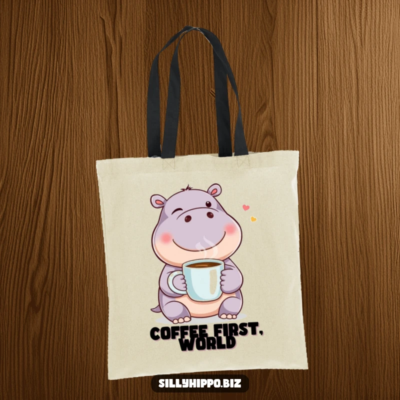 Funny tote bag showcasing a happy hippo winking and holding a coffee mug, ideal for carrying essentials with a dose of humor.