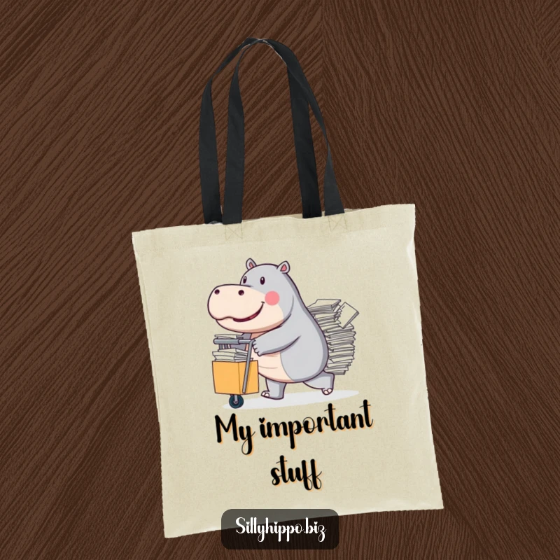 Funny Tote Bag with a determined hippo pushing a rolling cart overflowing with paperwork, representing a busy workload.