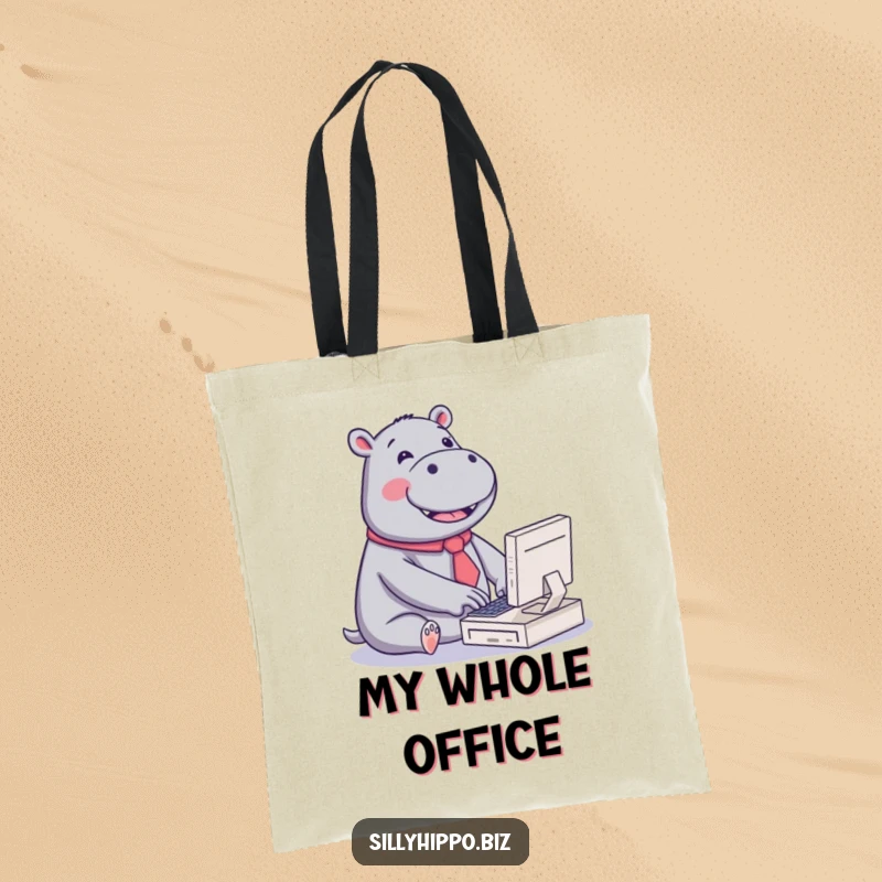 Funny tote bag showcasing a kawaii hippo with a tiny tie, joyfully typing on a miniature computer, perfect for carrying items with cute humor.